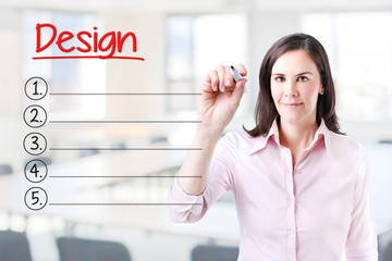 Business woman writing blank Design list. Office background. 