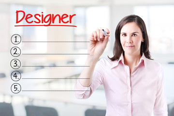 Business woman writing blank Designer list. Office background. 