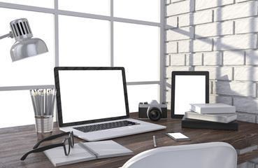 3D illustration laptop and work stuff on table near brick wall, Workspace