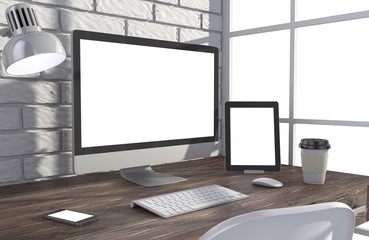 Fototapeta premium 3D illustration PC screen on table in office, Workspace