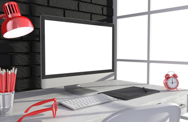 Fototapeta premium 3D illustration PC screen on table in office, Workspace