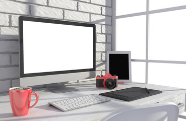 3D illustration PC screen on table in office, Workspace