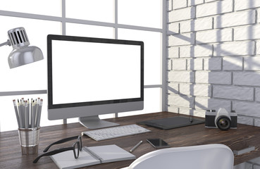 3D illustration PC screen on table in office, Workspace