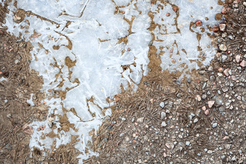 Frozen puddle and dirt road close-up