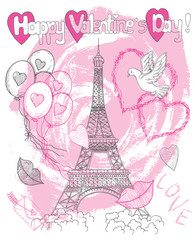 Fototapeta na wymiar Pink Valentines Day card with the Eiffel Tower and hearts