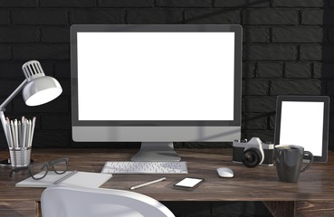 Fototapeta premium 3D illustration PC screen on table in office, Workspace