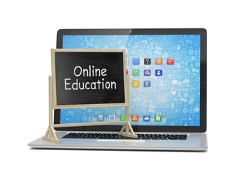  Laptop with chalkboard, online education concept