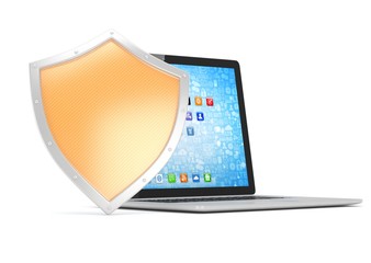 Laptop and shield on white, computer security concept