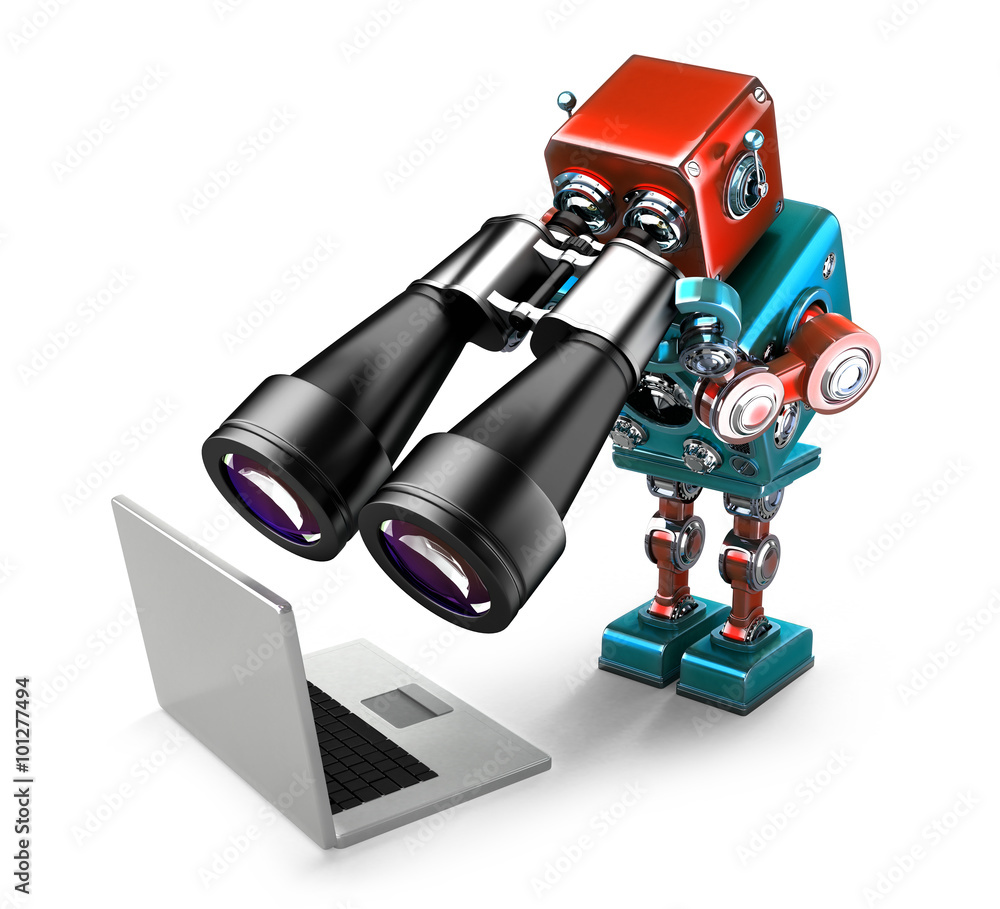 Poster robot holding binoculars and looking at laptop. searching concept. isolated. contains clipping path