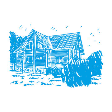 A sketch of a cottage. Vector freehand pencil drawing.