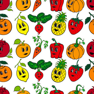 Set of 10 funny cartoon vegetables and fruit