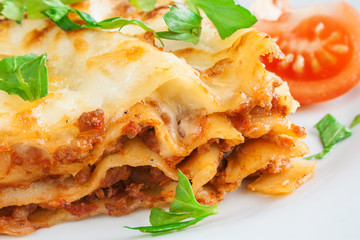 Delicious lasagna with bolognese sauce.
