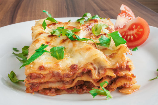 Delicious lasagna with bolognese sauce.