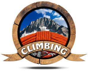 Climbing - Wooden Symbol with Peak / Wooden round icon or symbol with a mountain peak, text...