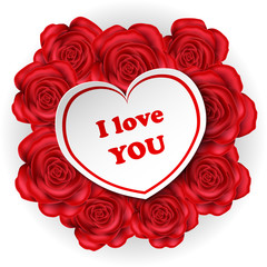 Heart label wit love message on red rose bouquet