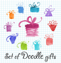 Set of watercolor doodle gifts. 