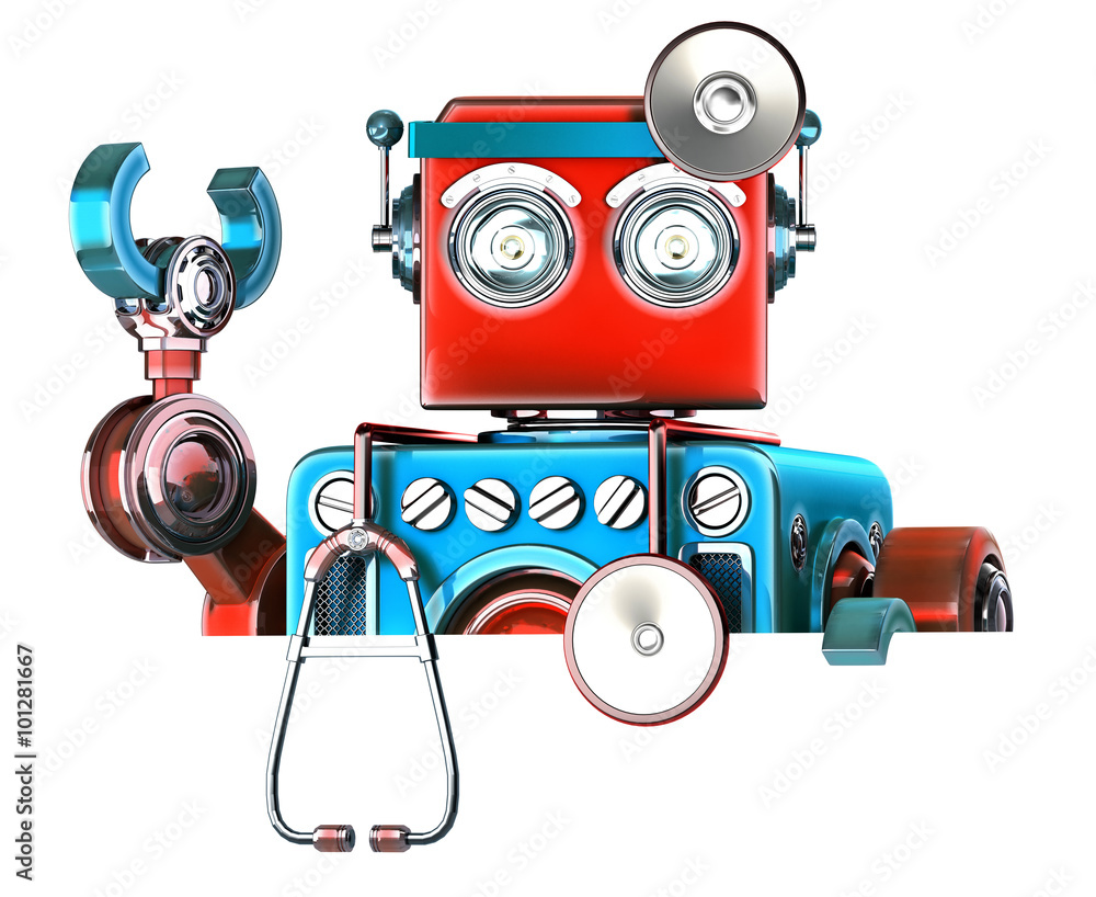 Poster medic robot with blank board. isolated. contains clipping path