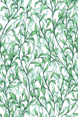 Vector seamless pattern with branches, leaves. Victorian style illustration