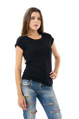 Obraz premium Sexy brunette wearing blank black shirt
