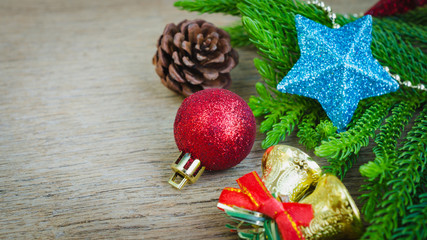Closeup of red Christmas balls and accessories for chrismas fest