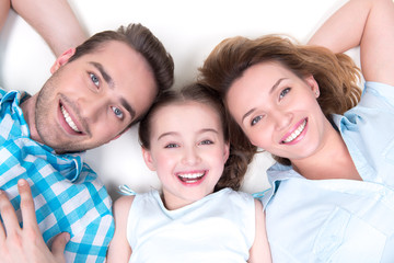 High angle portrait of caucasian happy smiling young family