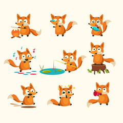 Fox Activities with different emotions. Vector Illustration Set