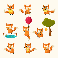 Fox Activities with different emotions. Vector Illustration Set