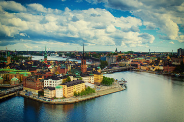 Fototapeta na wymiar View of Stockholm from the City Hall tower, travel Sweden architecture vintage hipster background