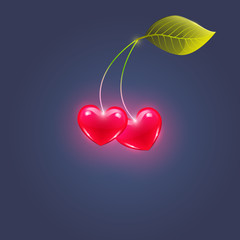  red hearts and cherry leaf, vector