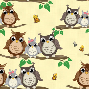 Owl seamless pattern. Background with cute owls on the branch. Can be used for Cloth design, wallpaper, wrapping. Vector illustration.