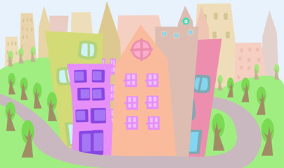 Fototapeta premium Cityscape through children's eyes with colorful houses.