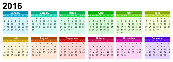 2016 vector calendar mondays first