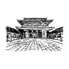 Buddhist temple Senso-ji (Tokyo, Japan). Vector quick sketch.