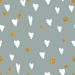 Hand drawn seamless  pattern with  hearts and golden glitter dots.