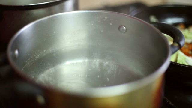 Water is heated in a saucepan on the gas stove, the water begins to boil
