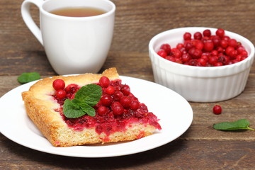 Piece of cranberry cake with cup of cranberry on background