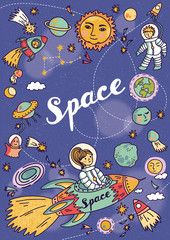 Obrazy na Szkle  Kosmiczny baner z planetami, rakietami, astronautami i gwiazdami. Dziecinne tło. Ręcznie rysowane ilustracji wektorowych.