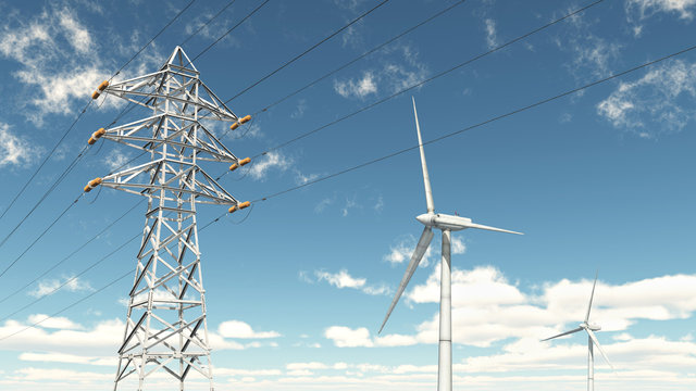 Hochspannungsleitung und Windkraftanlagen