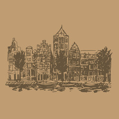 Old houses in Amsterdam (Holland, Netherlands, Europe). Historical building line art. Hand drawn sketch