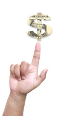 Fototapeta na wymiar hand pointing dollar symbol on a white background