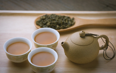 Chinese tea set on wooden, closeup