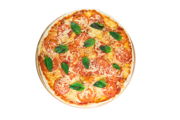 Tasty pizza with vegetables, chicken and olives isolated on white.A popular pizza topping in American-style pizzerias