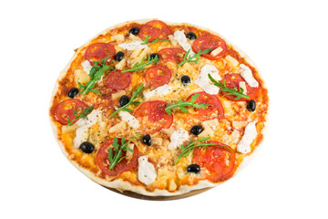 Tasty pizza with vegetables, chicken and olives isolated on white.A popular pizza topping in American-style pizzerias