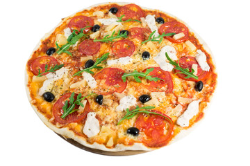 Tasty pizza with vegetables, chicken and olives isolated on white.A popular pizza topping in American-style pizzerias