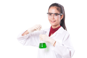 scientific researcher holding at a liquid solution on white background