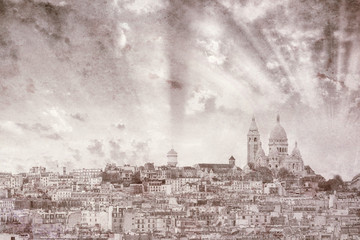 Vintage view of Sacre Coeur. Sacred heart Cathedral in Paris