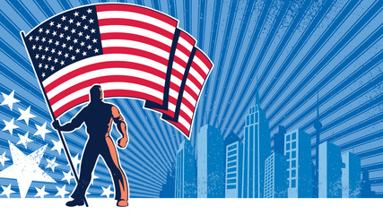 Flag Bearer USA Background / Flag bearer holding the flag of USA over grunge background with copy space. 