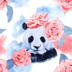 Watercolor pattern with roses and panda.