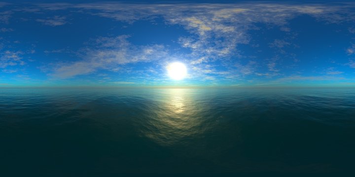 HDRI High resolution map. the sun in the clouds over the sea, panoramic ocean sunset