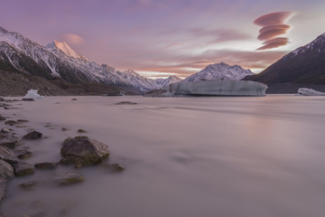 NEW ZEALAND 18TH APRIL 2014 ; Lenticular clouds pass over Mt Cook South Islands New Zealand during...